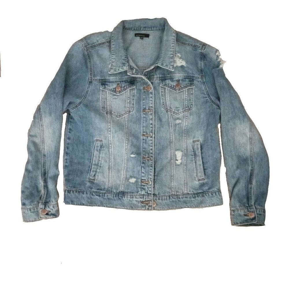 Distressed Blue Jean Denim Boyfriend Jacket Medium SEETHRUSOUL 90s style